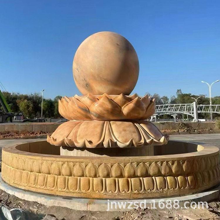 石雕喷泉花岗岩黄锈石喷水钵定制小区别墅大理石莲花水球源头厂家