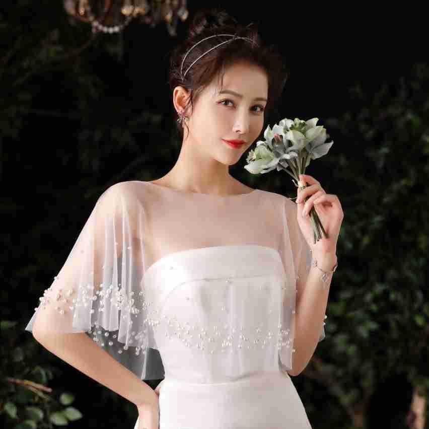 婚纱显瘦遮手臂薄纱披肩手工珍珠图片