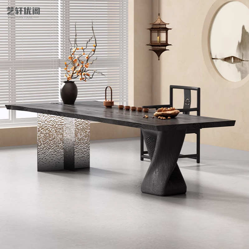侘寂风实木茶桌创意碳化黑原木大板茶台客厅茶几办公室茶桌椅组合