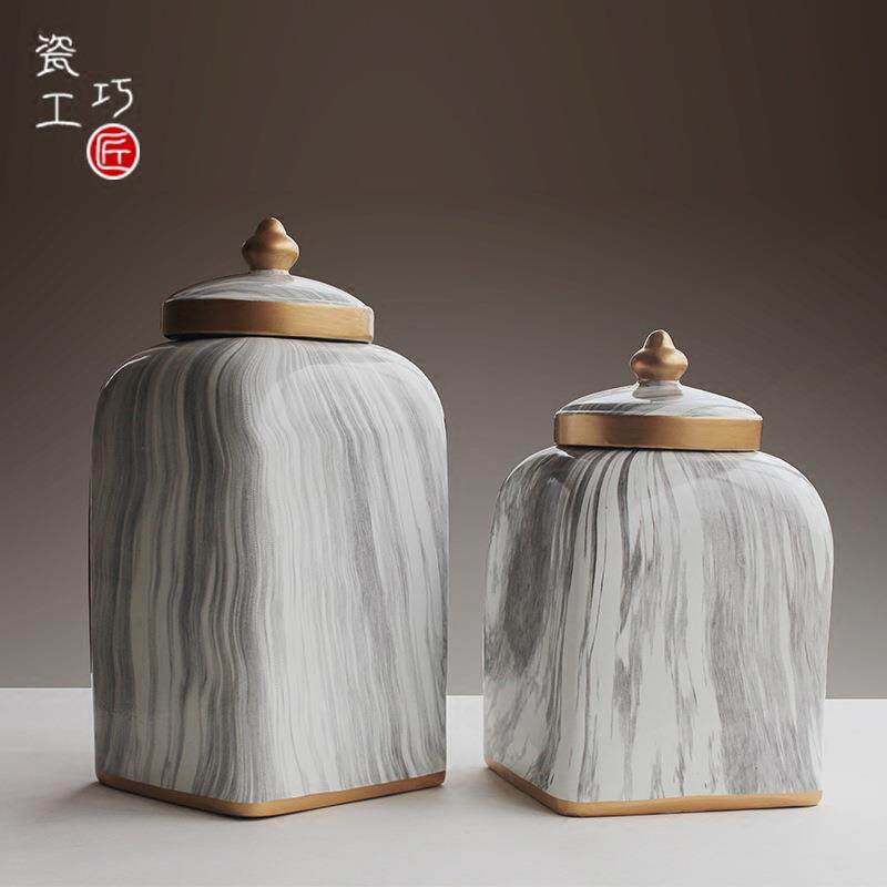 欧式美式复古客厅陶瓷四方罐摆件餐桌样板房家居电视柜装饰品白瓷