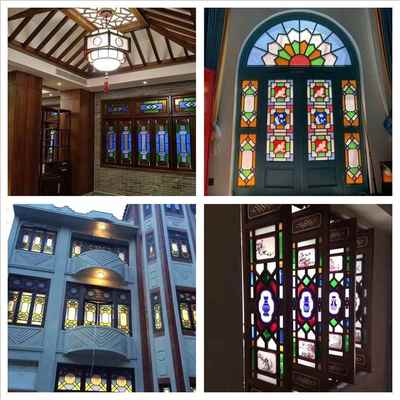 西关满洲窗 海棠花艺术玻璃实木花格仿古门窗 屏风中式窗户