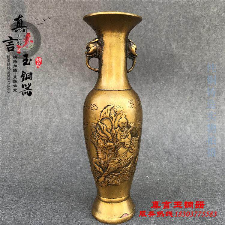 纯铜花瓶摆件 彷古做旧黄铜花瓶一对麒麟送子龙凤花瓶大号