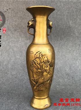 纯铜花瓶摆件 彷古做旧黄铜花瓶一对麒麟送子龙凤花瓶大号