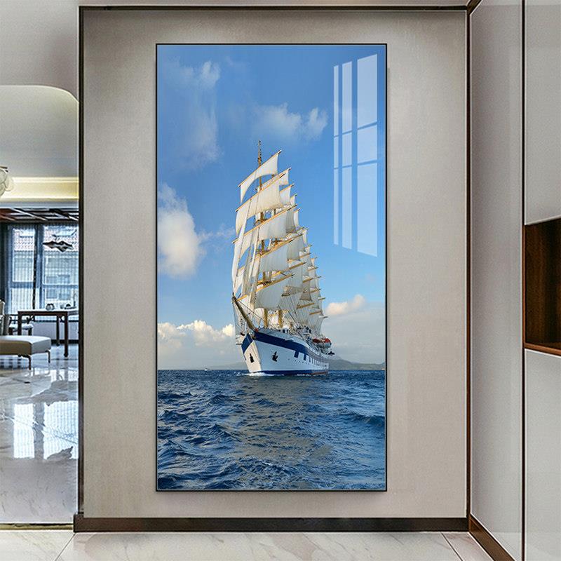 一帆风顺玄关装饰画帆船蓝天大海风景进门过道背景墙壁画挂画竖版