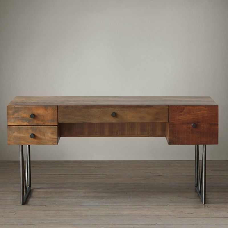 铁艺书桌带抽屉老板桌电脑桌家用写字台复古创意实木北欧办公桌