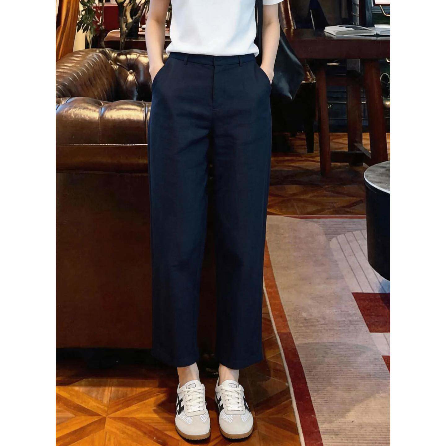 韩版藏青色亚麻小直筒休闲九分梧桐裤女小个子八分显瘦休闲女裤夏