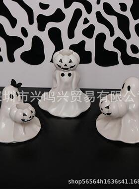 跨境新款 万圣节南瓜幽灵烛台万圣节桌面氛围装扮道具树脂幽灵