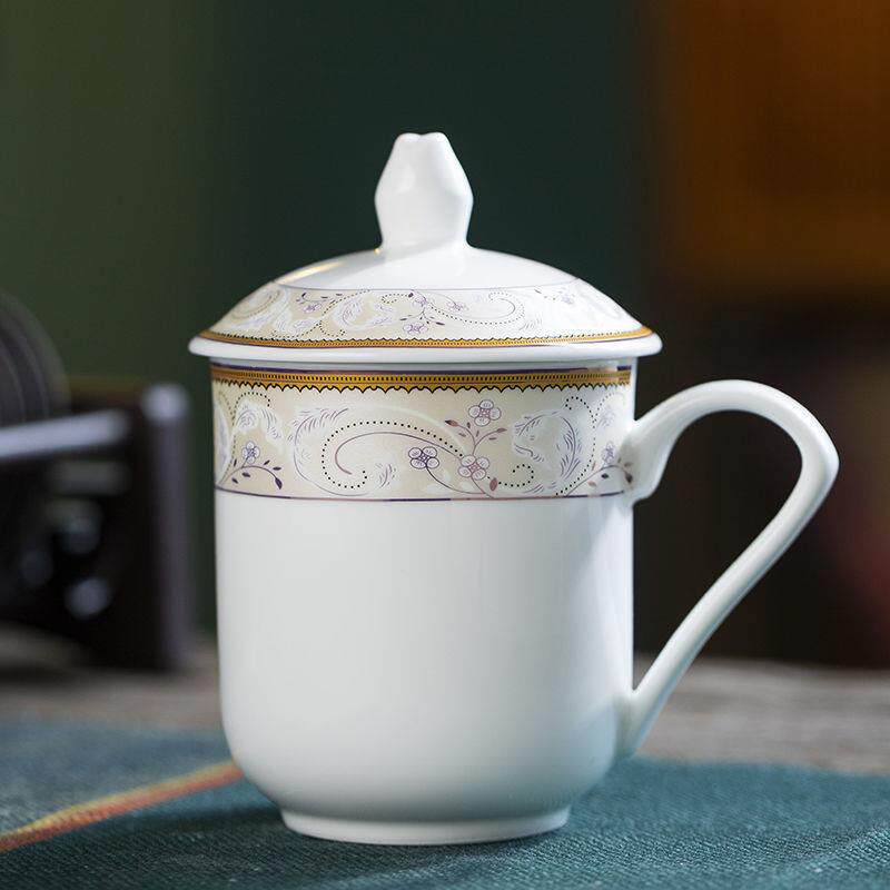 陶瓷茶杯景德镇带盖带把水杯家用办公杯子宾馆酒店会议室泡茶定制