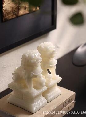 新中式茶室书房书桌装饰品摆设中古样板间展柜博古架白玉狮子摆件