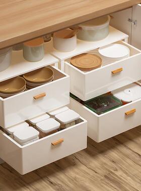 A524橱柜拉篮抽拉式置物架调料碗碟收纳盒抽屉式厨房下水槽柜子分