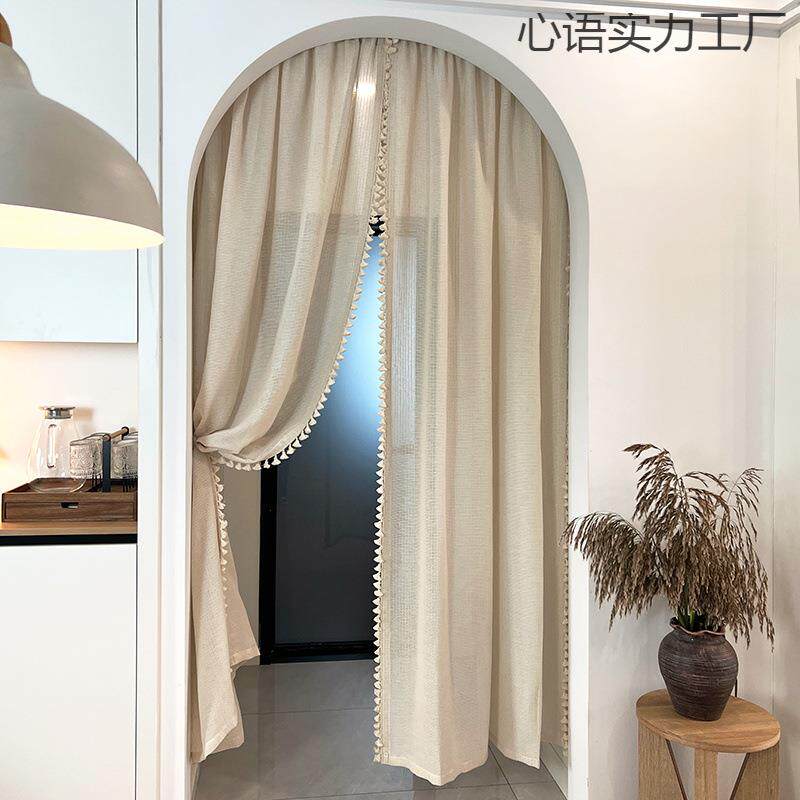 奶油中古风门帘棉麻朦胧感纱孔帘玄关泡奶芙咖隔帘免装BUC打安门