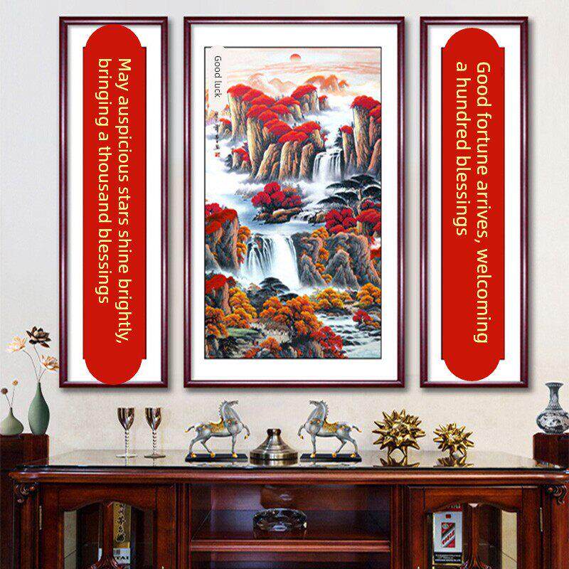 中堂画农村堂屋大气山水画大气装饰对联三联字画客厅挂画鸿运当头