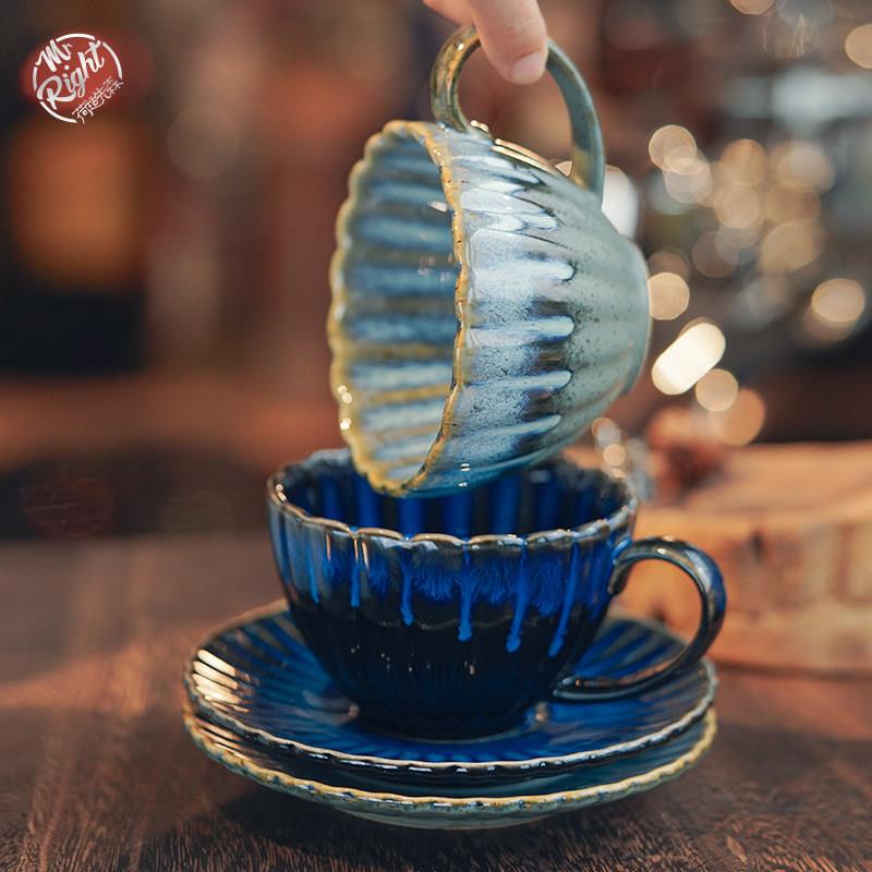 北欧风轻奢复古釉变陶瓷咖啡杯子卡布奇诺拿铁家用花式茶杯碟套装