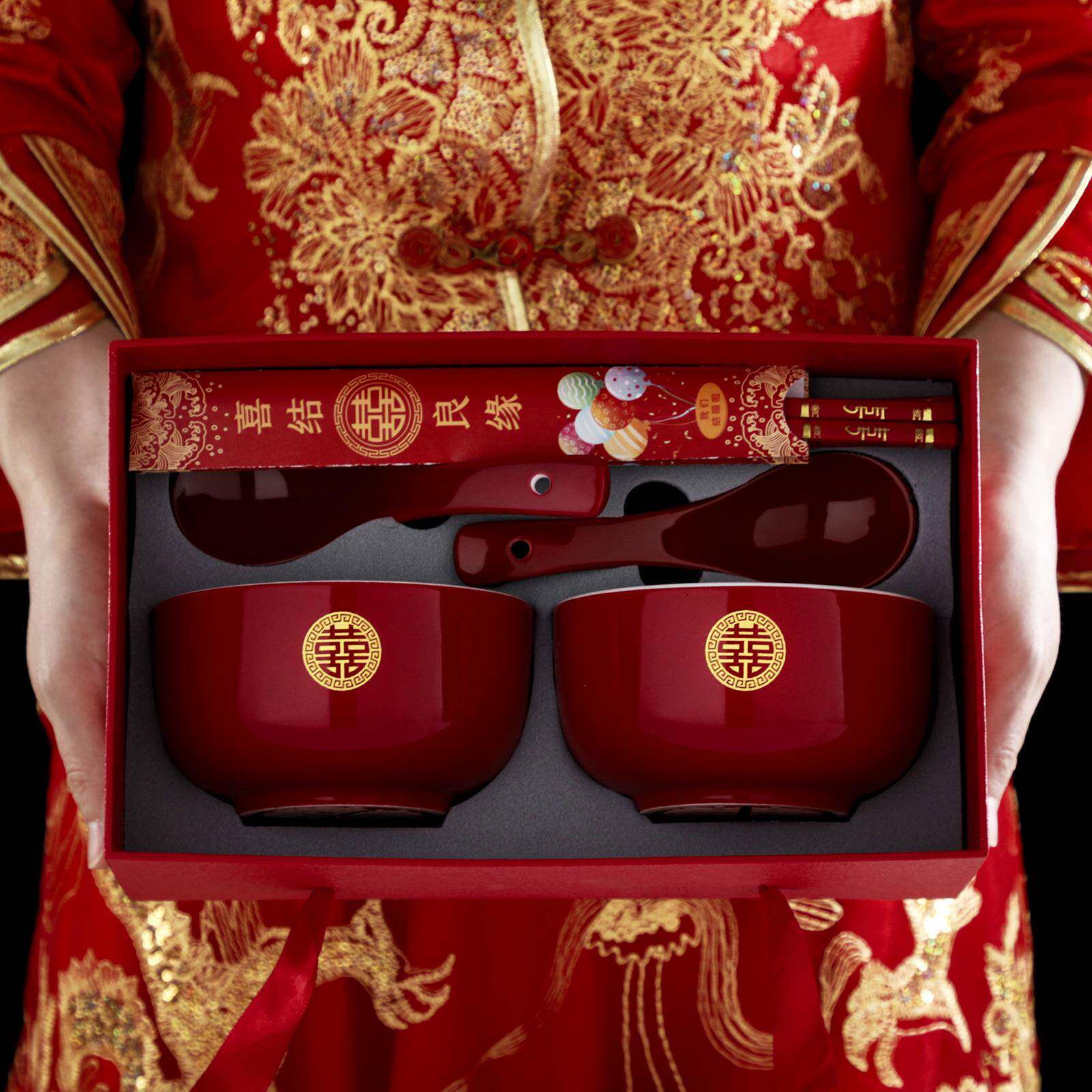 婚庆陪嫁用品大全喜庆甜汤碗结婚庆2碗2勺2筷酒红雕刻陶瓷碗6件套
