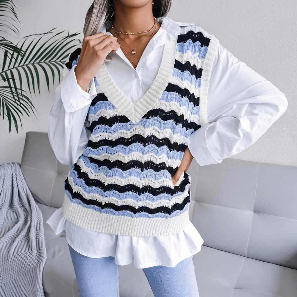 INS style V-neck hollow striped vest sweater for women