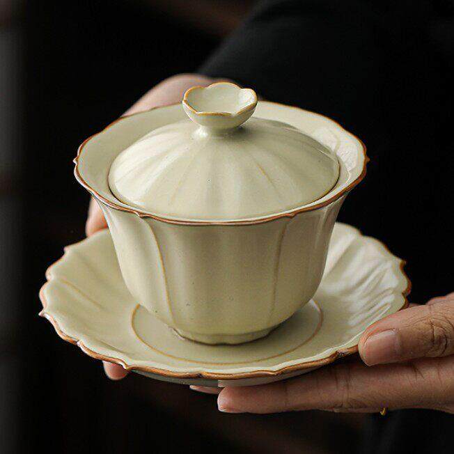 米黄汝窑三才盖碗茶杯单个家用泡茶碗陶瓷覆古不烫手功夫茶具盖杯