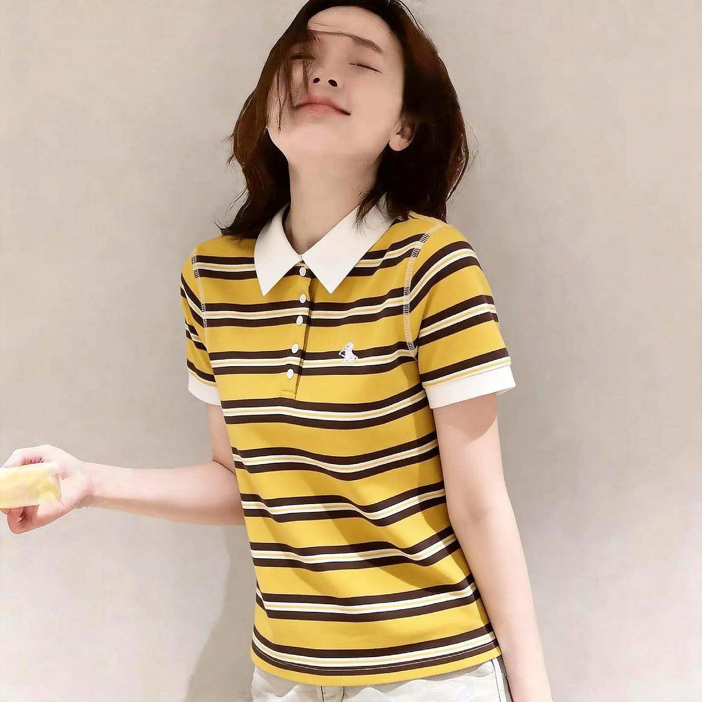 韩国轻奢黄色条纹polo领短袖T恤女夏新款超好看宽松时尚运动上衣