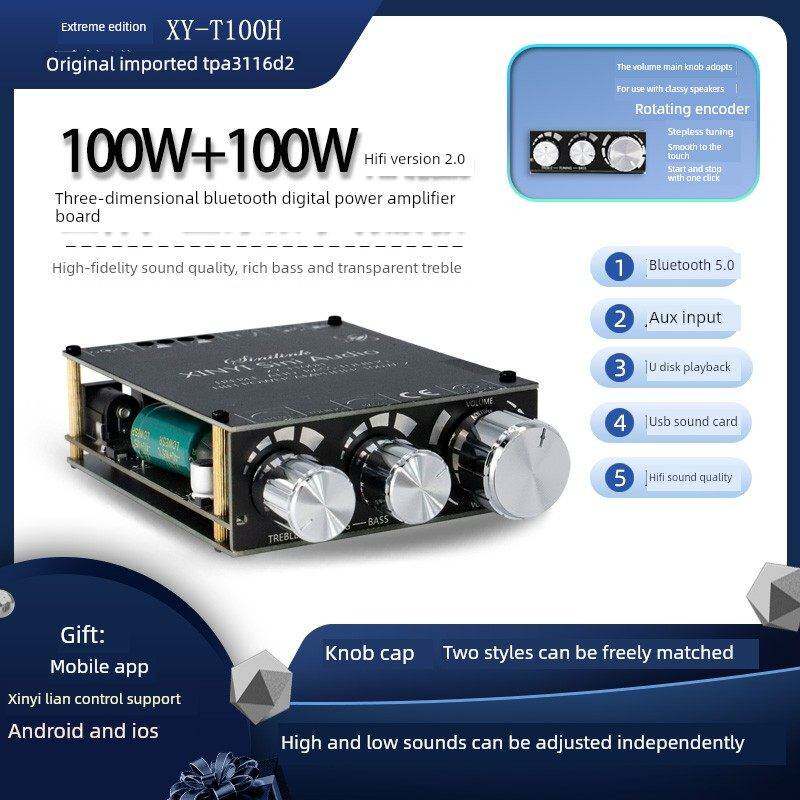 欣易XY-T100H蓝牙5.0带前级高低音调节立体声数字功放板模块100W