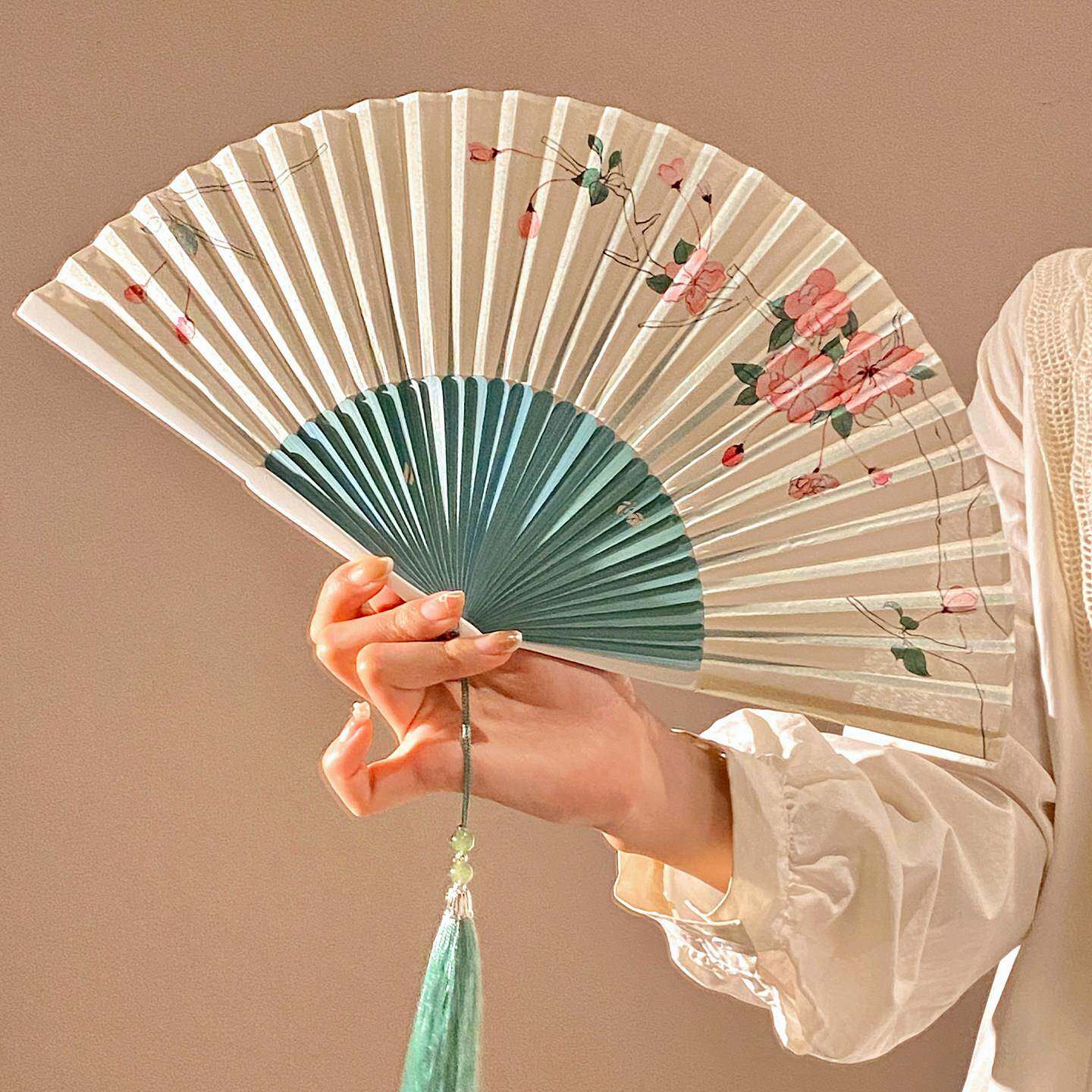 新中式海棠折叠扇子女夏天便携随身中国风汉服舞蹈扇绿色竹扇家用
