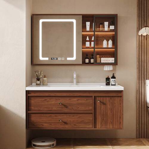 中古风浴室柜陶瓷一体盆卫生间洗漱台胡桃木洗手台盆洗脸盆柜组合