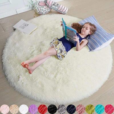 Fluffy Round Rugs For Girls Bedroom Soft Shaggy White Carpet