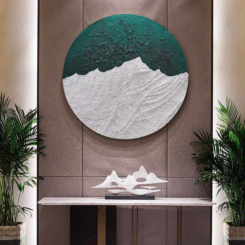 新中式立体玄关装饰画圆形无框画手绘肌理挂画现代简约感壁画