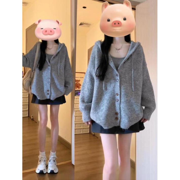 秋季针织开衫外套女灰色连帽毛衣韩系穿搭宽