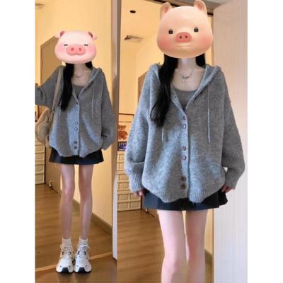 秋季针织开衫外套女灰色连帽毛衣韩系穿搭宽松软糯慵懒风开衫上衣