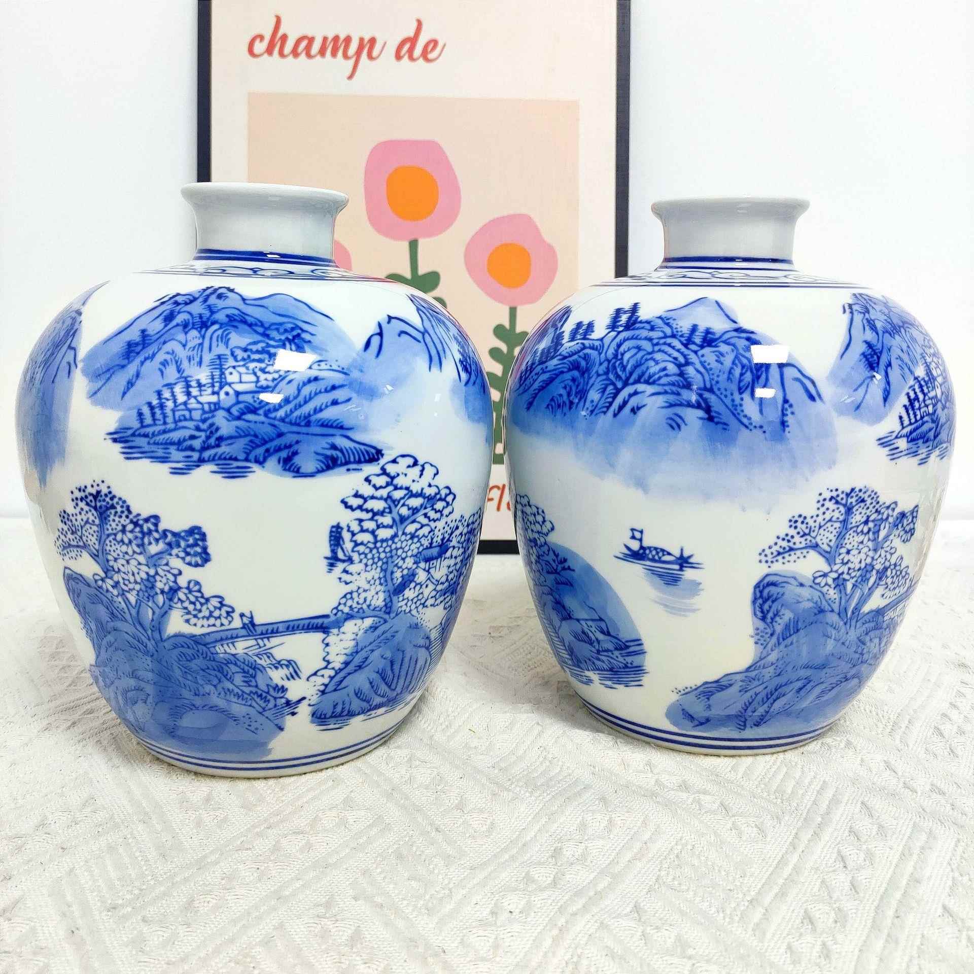 水培花瓶青花瓷高颜值陶瓷花瓶复古山水画桌面摆件装饰品书房插花图片