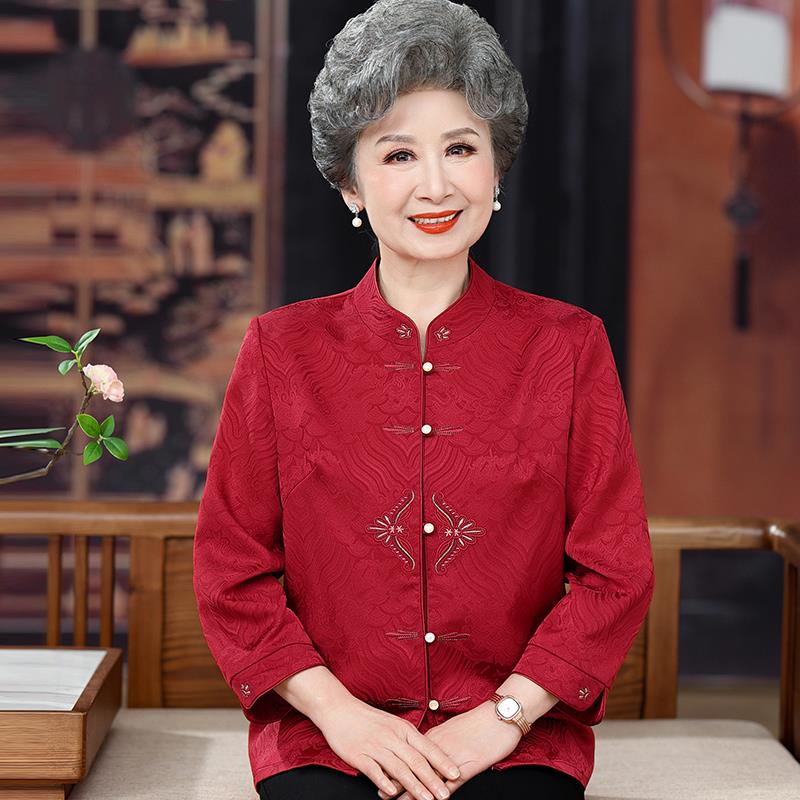 【桑蚕丝100%】喜宴中老年人奶奶夏装衬衫女洋派真丝立领上衣套装