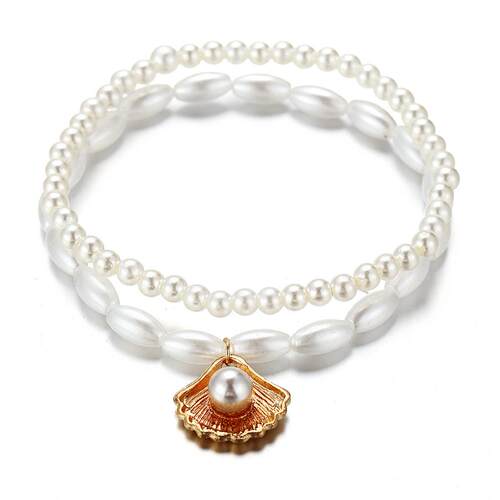 Pearl Shell Foot Chain跨境新款珍珠扇贝壳吊坠脚炼创意覆古脚饰