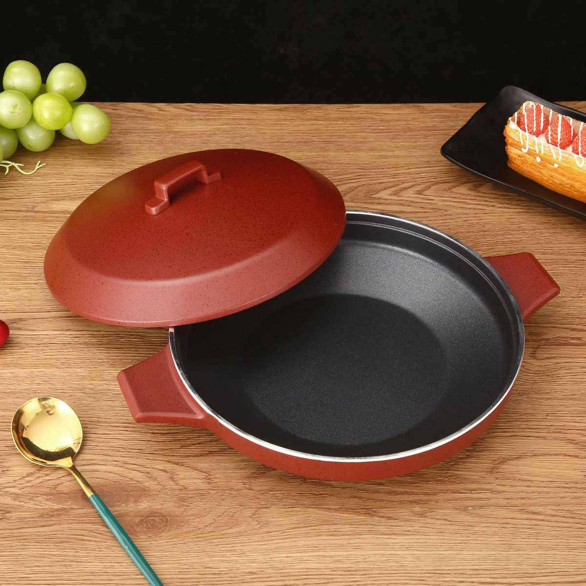 铝合金砂锅家用不粘锅耐高温带盖平底煎锅圆形烤盘双耳煲汤批发