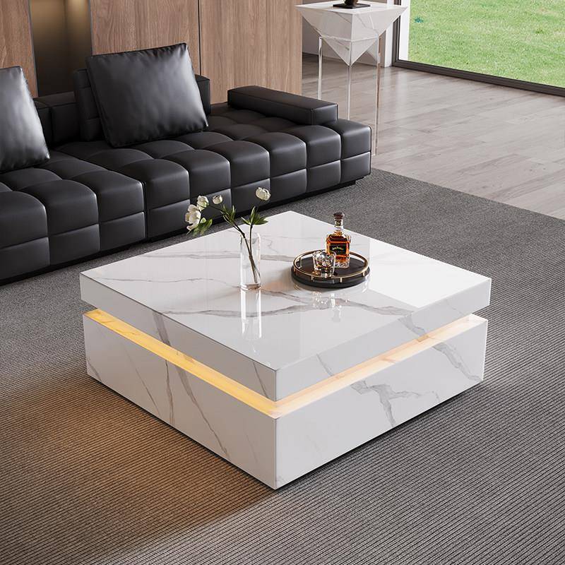 智能带灯方形茶几现代简约轻奢茶几感应灯岩板茶几客厅家用茶几