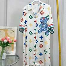 丝滑冰丝睡衣女夏季薄款纯欲ins慵懒风宽松短袖V领衬衫裙家居睡裙