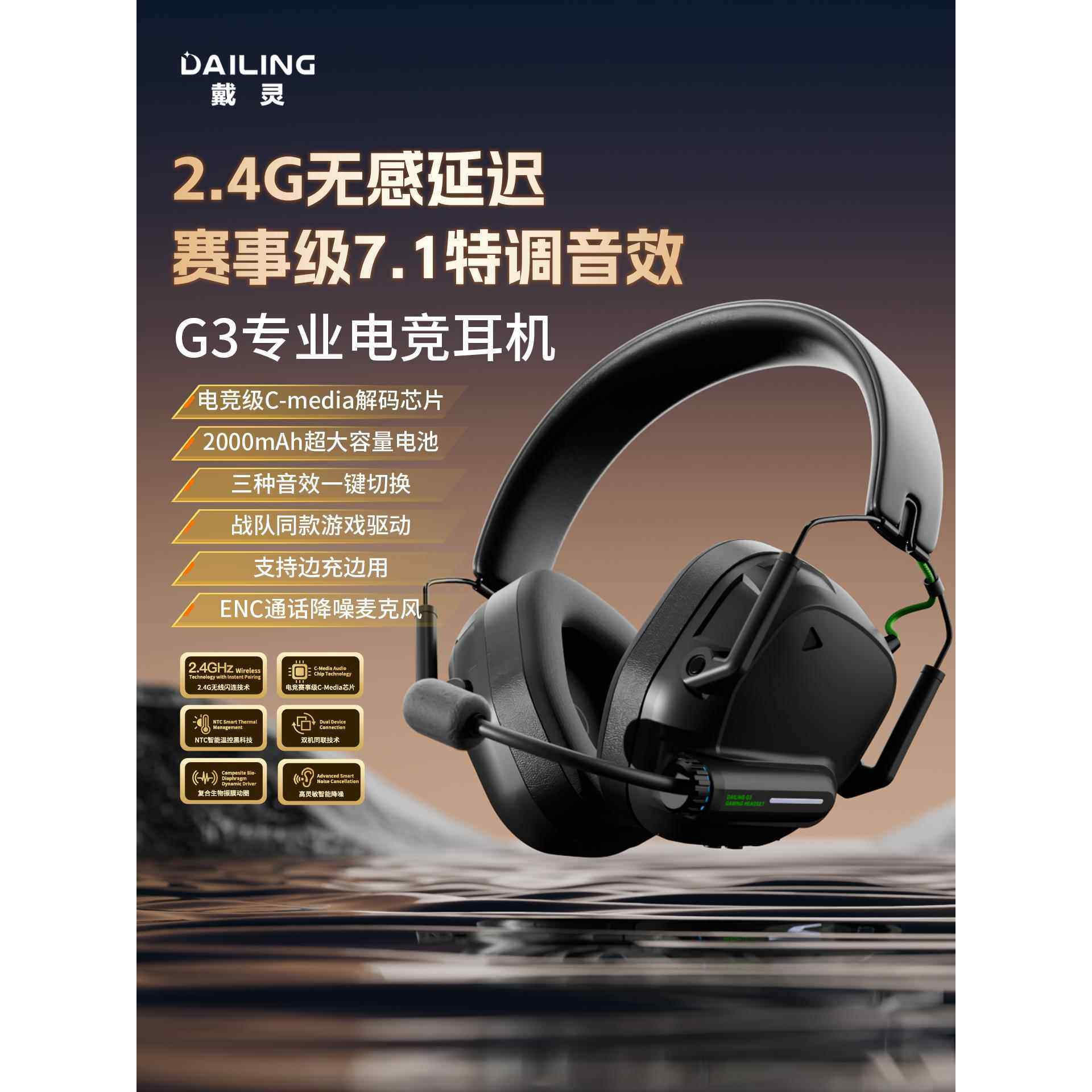 戴灵G3游戏电竞头戴耳机2.4G无延迟电脑7.1音效fps专用有麦长续航图片
