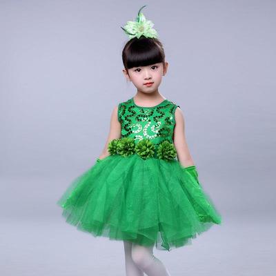 高档六一儿演童舞蹈演服男女童小草蓬蓬裙裙春出天植树节绿色子表