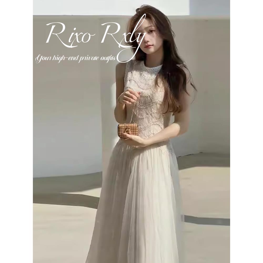 RIXO RXLY法式气质小香风白色连衣裙女2025款夏简约休闲绝美长裙