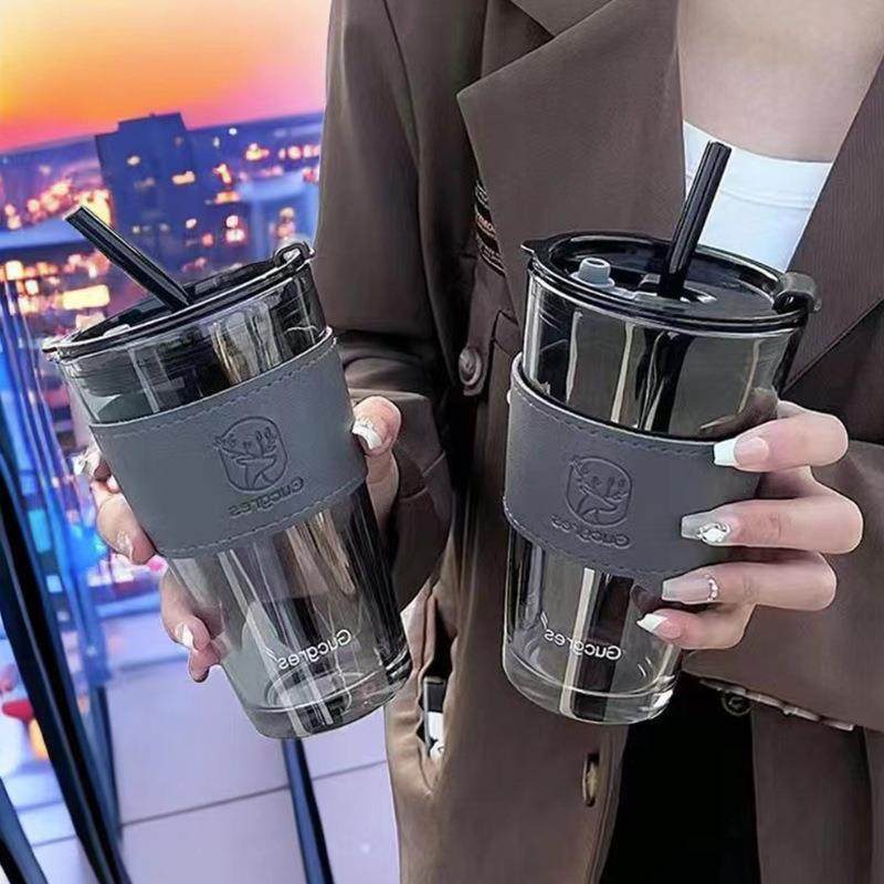 高颜值玻璃吸管杯大容量450ml水杯果汁杯咖啡杯伴手礼杯子印logo