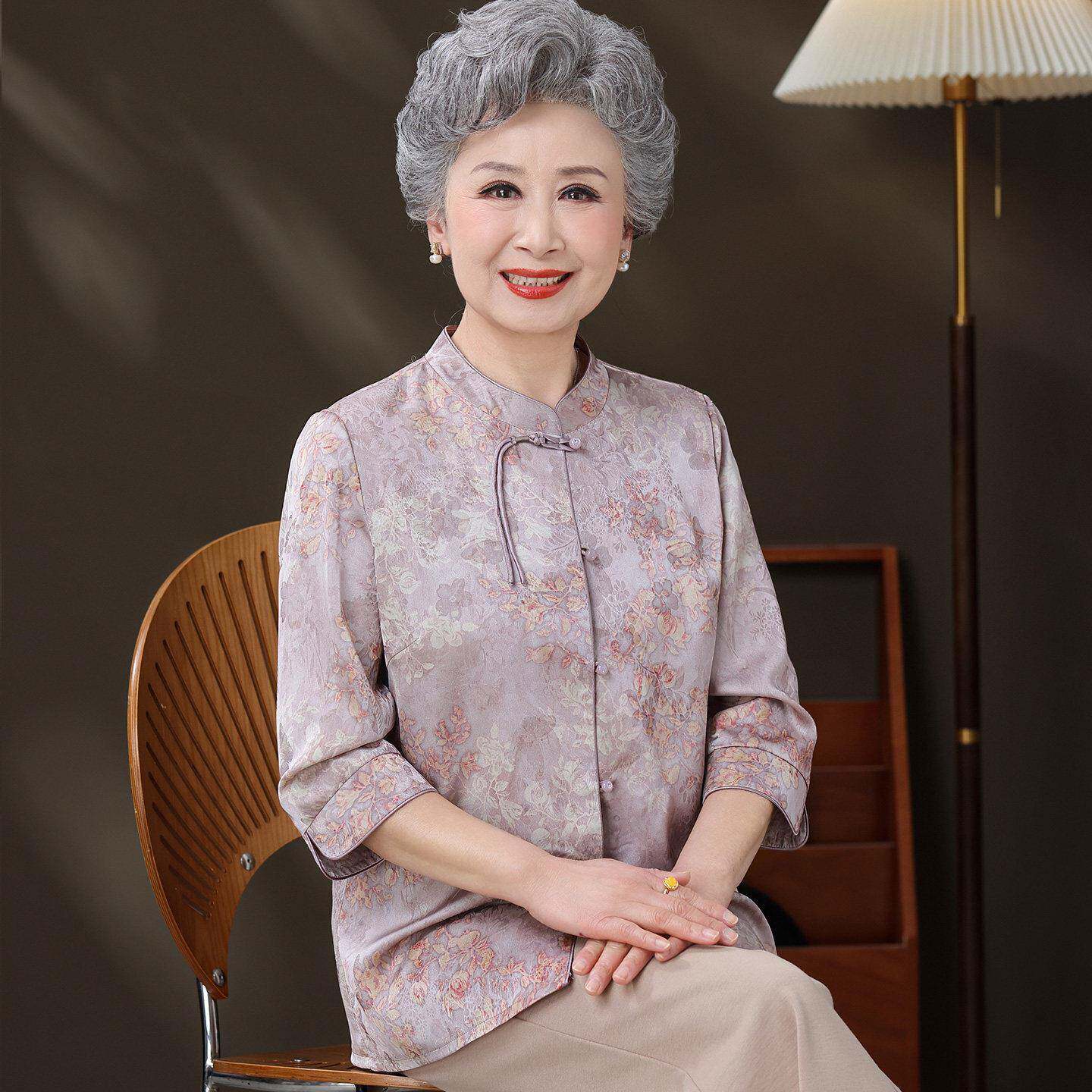 大码中老年人奶奶衬衫女夏装桑蚕丝100%套装老太太国风真丝上衣薄