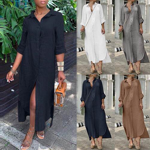 Cotton and linen dress, shirt collar, cotton and linen