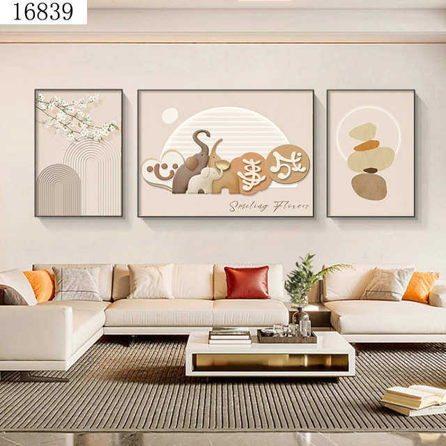 壁画沙发挂画风卧室客厅吉祥如意奶油风三联原木背景墙装饰画