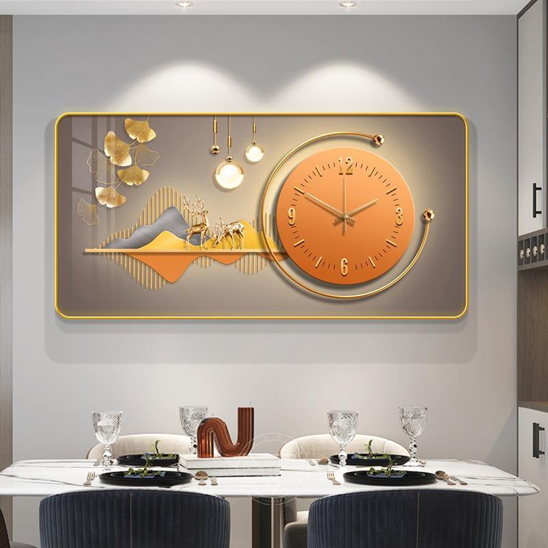 轻奢餐厅装饰画带时钟高档饭厅挂画餐桌背景墙画创意钟表2022新款图片