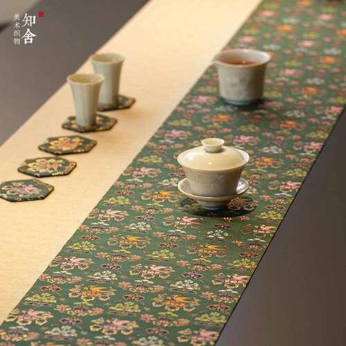 知舍瑞彩玄鸟纹织锦茶席新中式复古风宫廷布艺桌旗民宿喝茶馆酒店