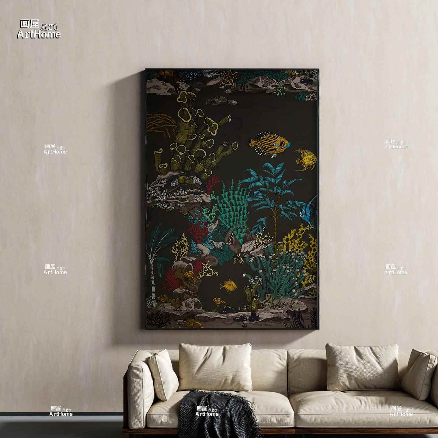 现代中古风海底世界客厅沙发装饰画 划法式复古入户门挂画 划客厅