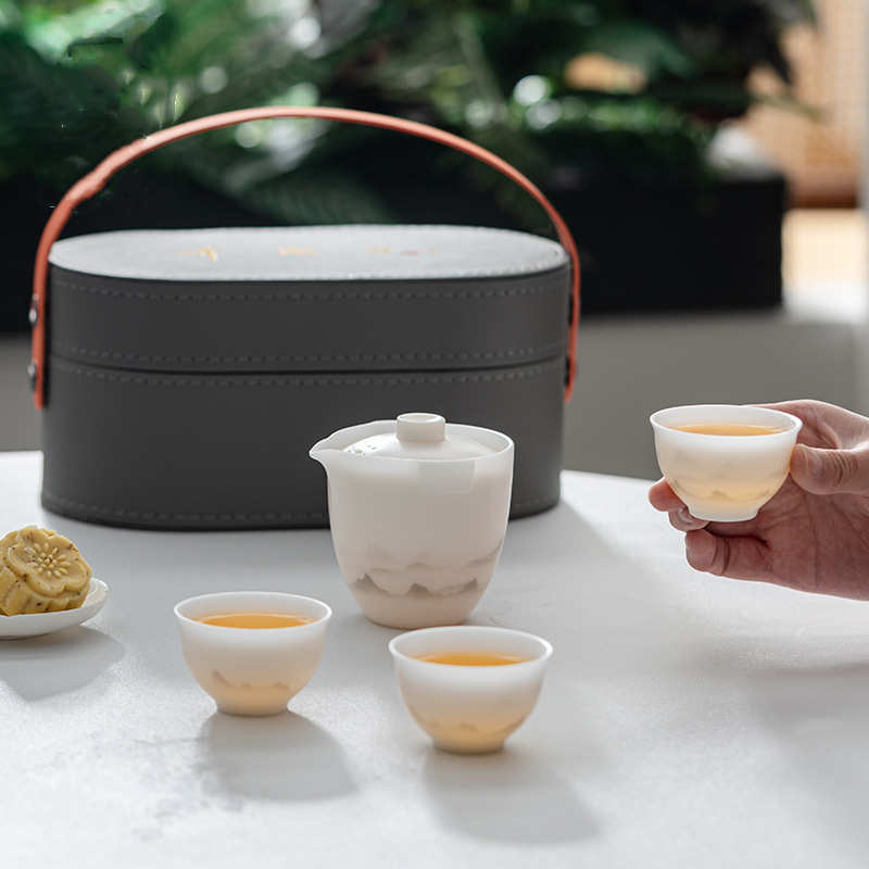 冰种玉瓷快客杯便携式旅行茶具一壶三杯户外露营高挡中式泡茶杯具