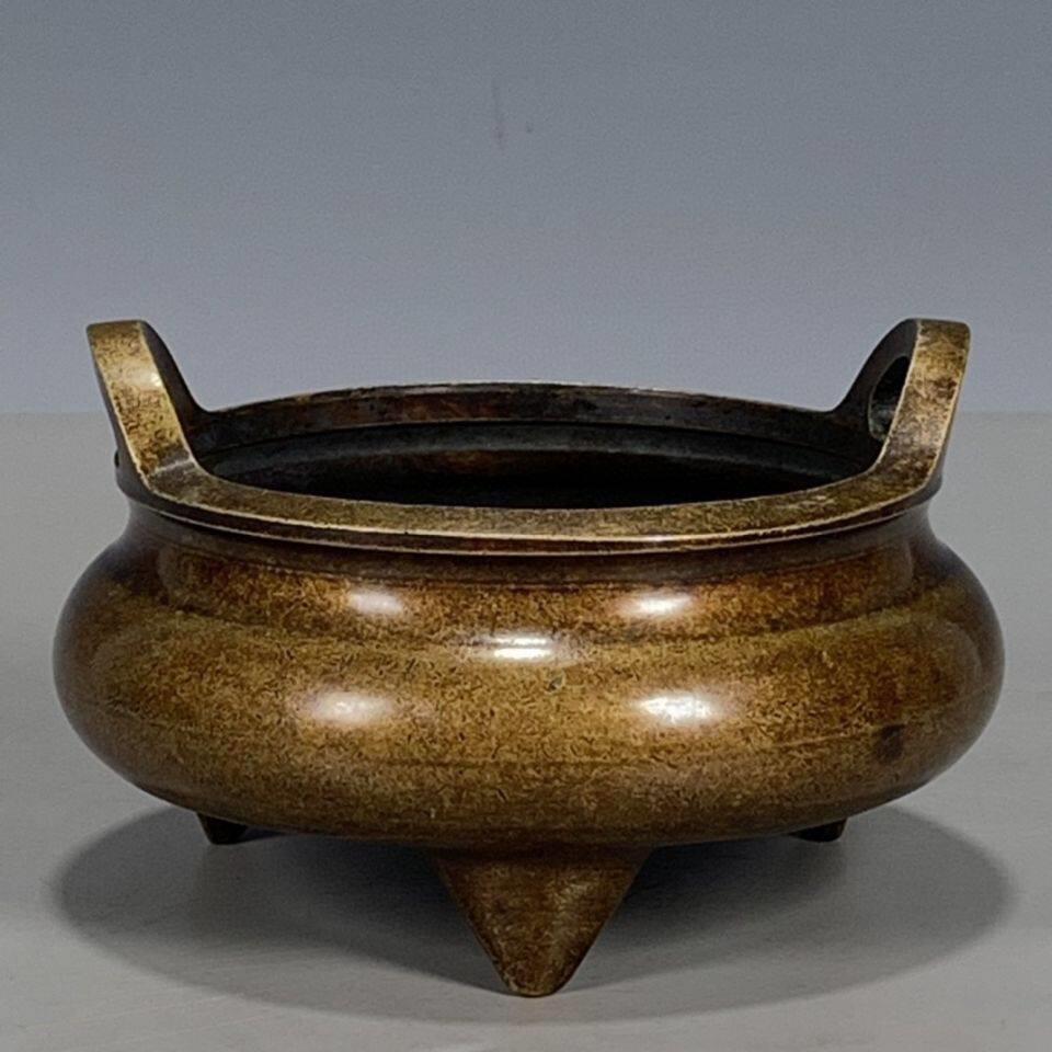 复古黄铜香炉全铜古代老式宣德炉三足鼎冲耳双耳薰香炉彷古摆件