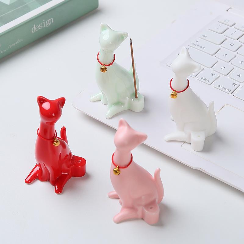 创意白瓷可爱羊脂玉小猫咪香插萌猫茶宠线香陶瓷工艺品摆件