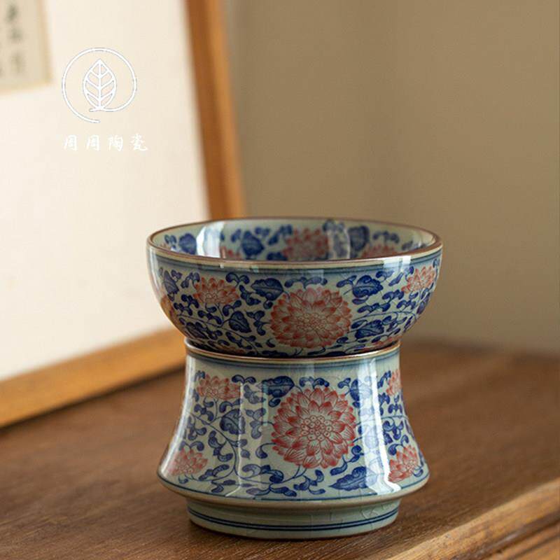 景德镇青花陶泥红缠枝莲茶漏陶瓷茶滤家用一体覆古过滤滤茶器开片