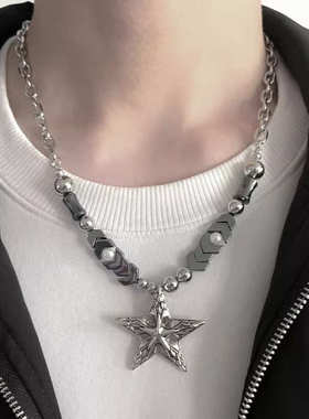 欧美复古哥特风黑银串珠星星项链简约中性高级感嘻哈五角星吊坠