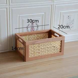 藤编实木质日式收纳盒篮子桌面零食茶几竹编长方形编织复古收纳筐